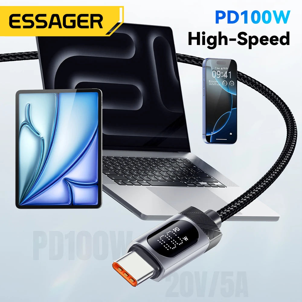 Essager Digital Dispaly USB C Cable For iPhone 17 16 15 Xiaomi Huawei 100W PD Fast Charging For Macbook iPad Type C to C Cable