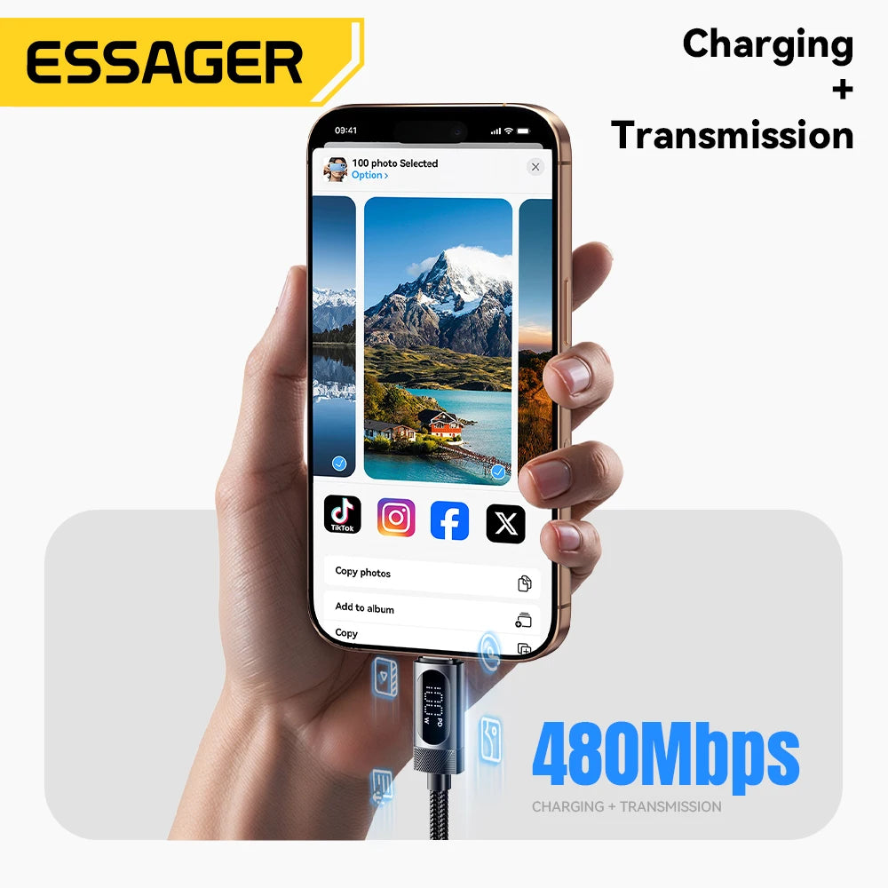 Essager Digital Dispaly USB C Cable For iPhone 17 16 15 Xiaomi Huawei 100W PD Fast Charging For Macbook iPad Type C to C Cable