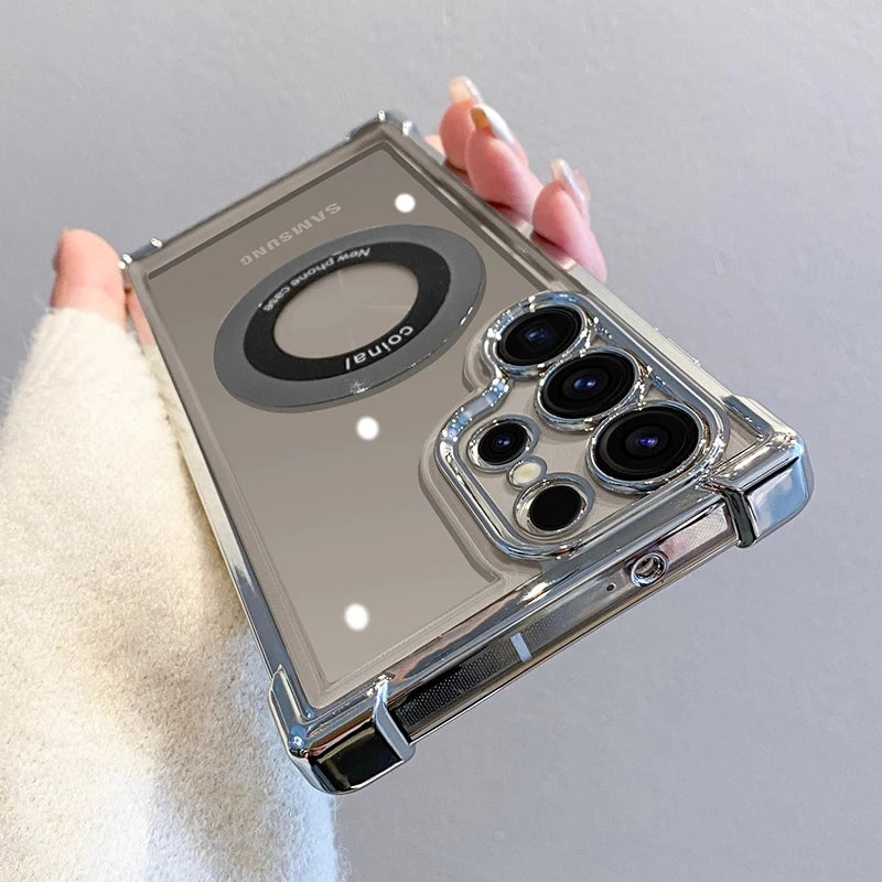 For Magsafe Plating Clear Case For Samsung Galaxy S24 S22 S23 Ultra Plus Shockproof Magnetic Wirelesss Charge Cover Accessories